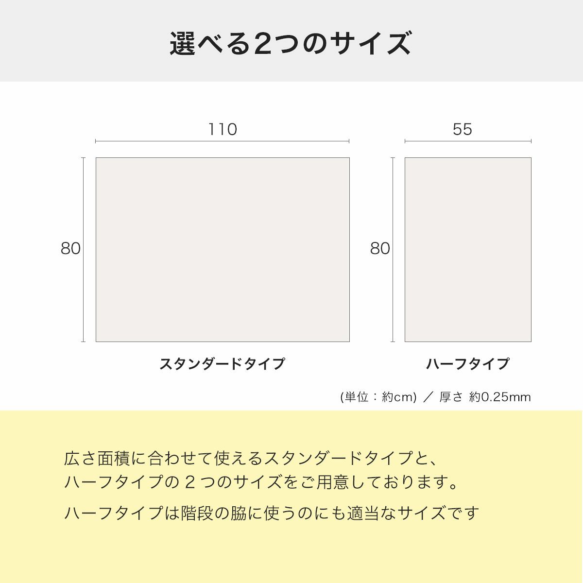 広さ面積に合わせて使えるスタンダードタイプとハーフタイプの2つのサイズ