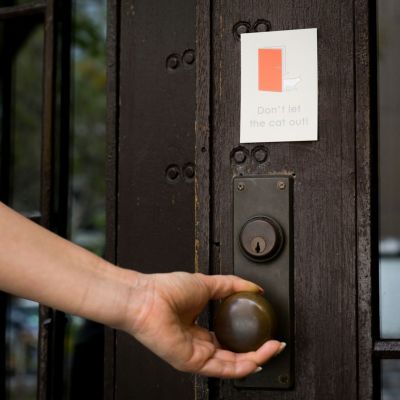 玄関に繰り返し貼ってはがせる特殊素材で便利。飛び出し防止ステッカードアネコいます