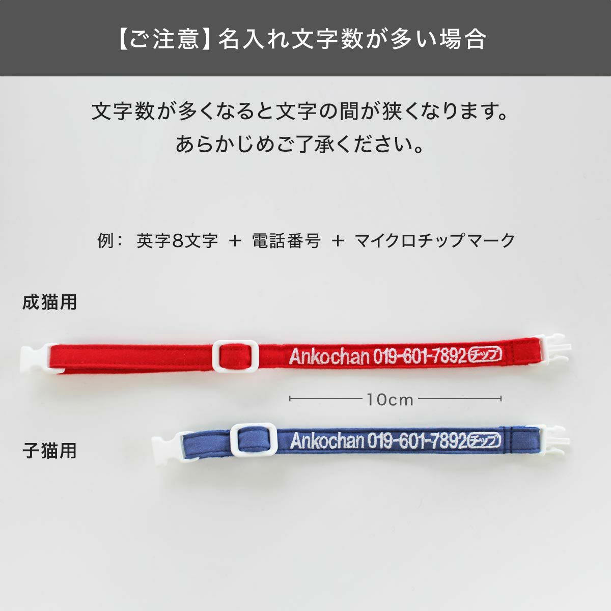 電話番号と名前入りの猫用首輪。迷子札不要で軽いから嫌がらない